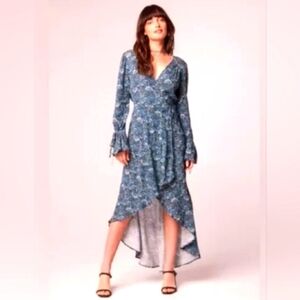 Band Of The Free Jewel Teal Floral Maxi Long Sleeve HiLow Wrap Dress Size Small